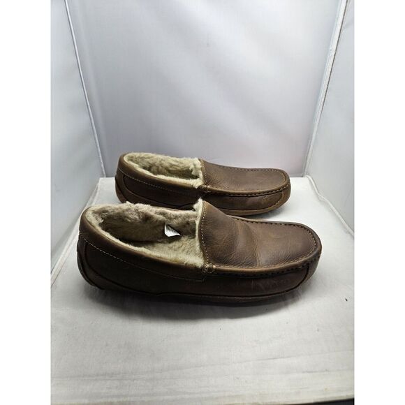 Men\'s UGG Ascot Shearling‎ Fur Lined Leather Slippers Brown Size 10 #1103889